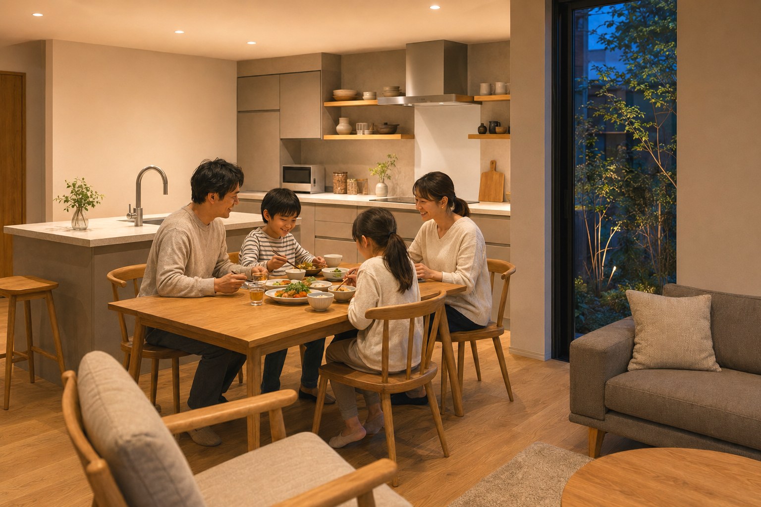 FLOW ダイニング・キッチン ── 家族で食卓を囲む｜秀光ビルド徳島店