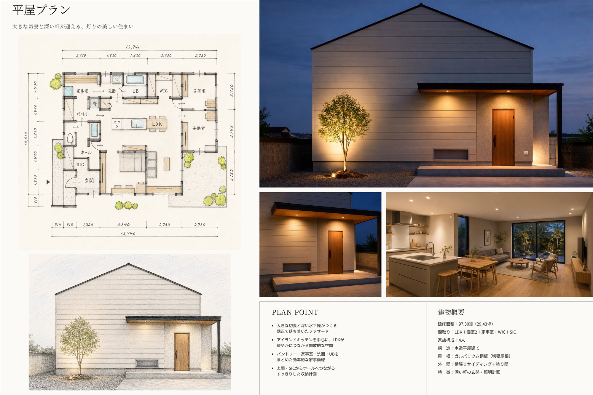FLOW PLAN ── 家事がラクになる平屋の間取り図・立面図・外観（プランシート）｜秀光ビルド徳島店