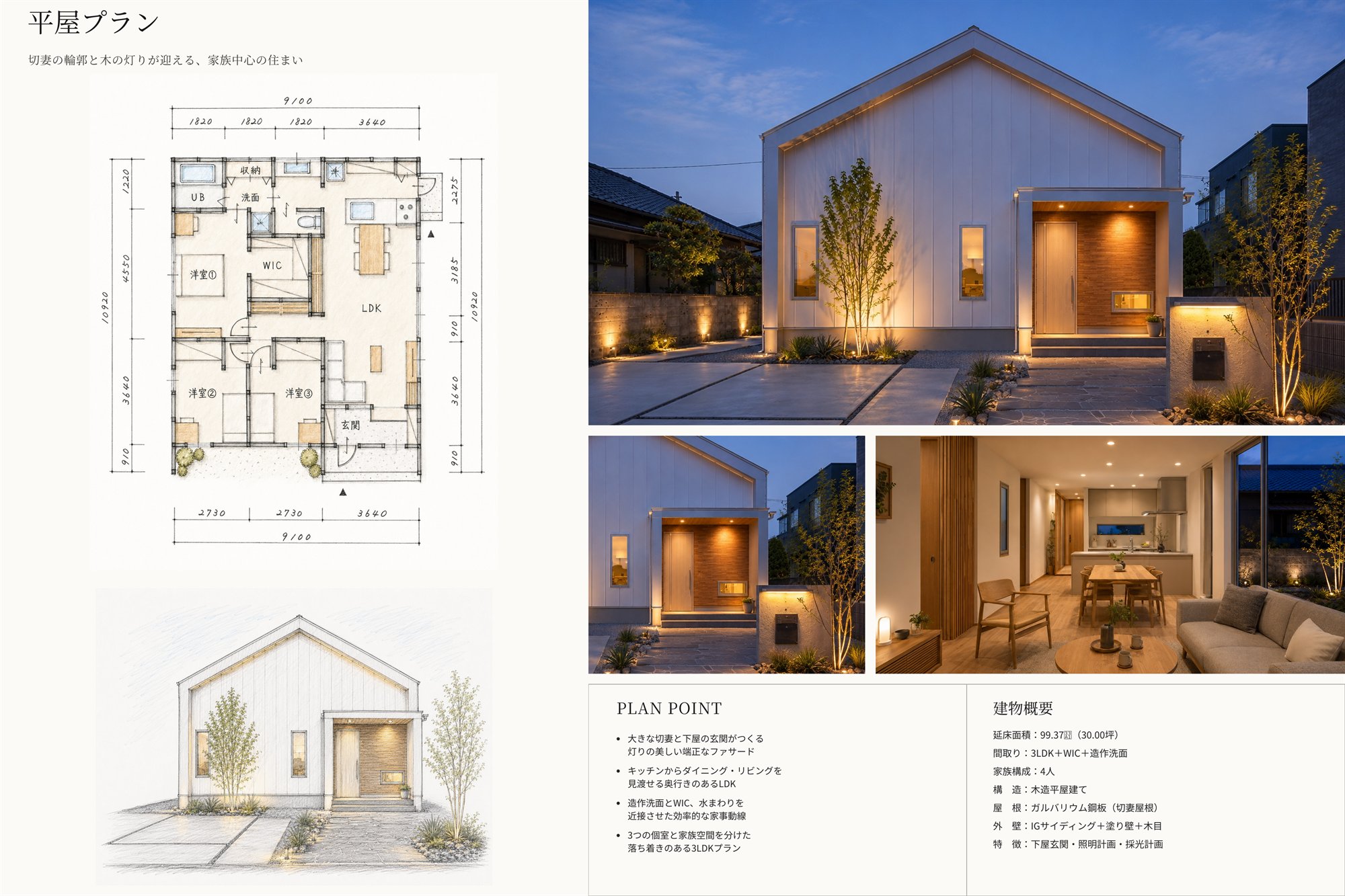GABLE PLAN ── いちばん手が届く平屋の間取り図・立面図・外観（プランシート）｜秀光ビルド徳島店