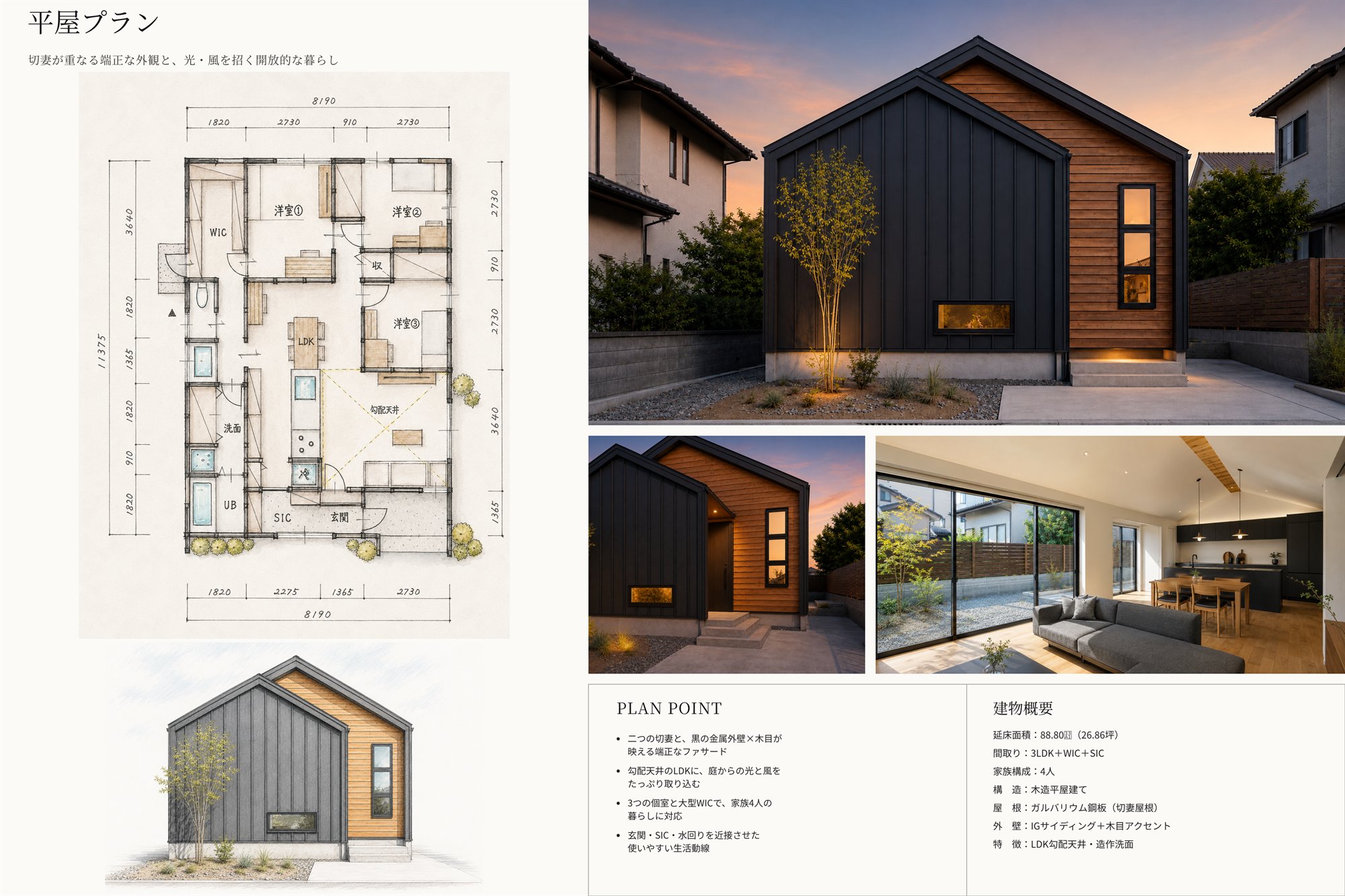 GARDEN PLAN ── 庭までリビングになる平屋の間取り図・立面図・外観（プランシート）｜秀光ビルド徳島店