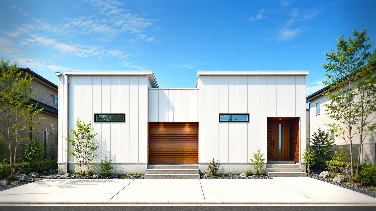 LOFT 外観 ── 屋根の高さを活かしたロフトのある平屋（白い外壁・木目スリット）｜秀光ビルド徳島店