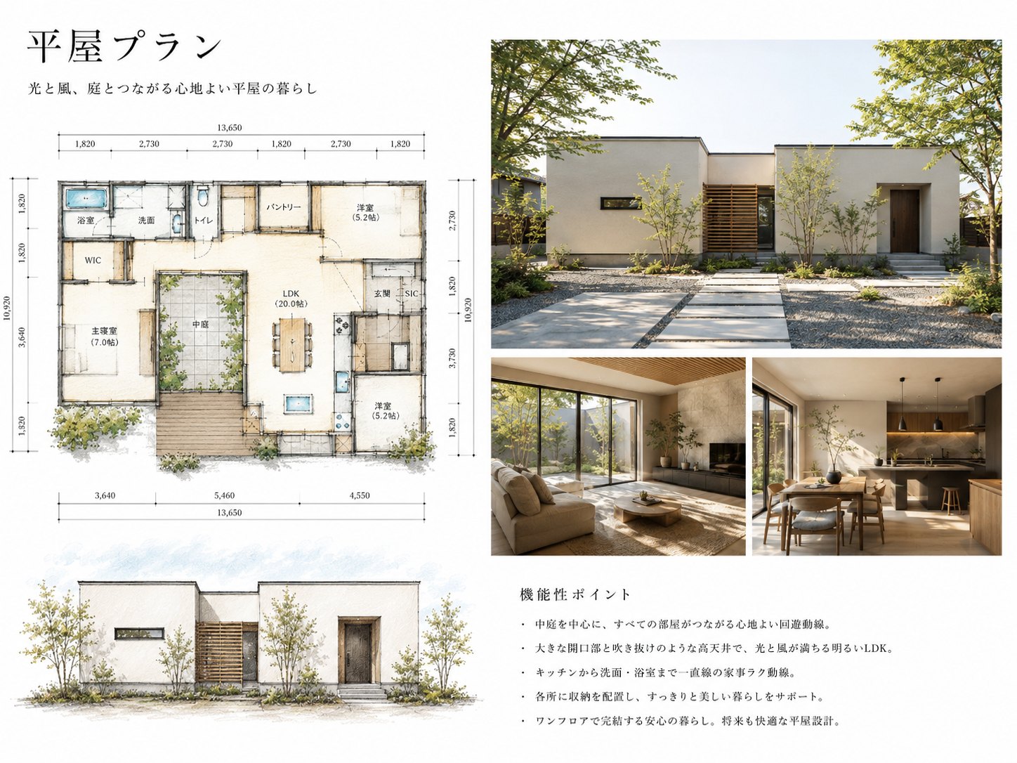 LOFT PLAN ── 中庭を中心とした平屋の間取り図・立面図（プランシート）｜秀光ビルド徳島店